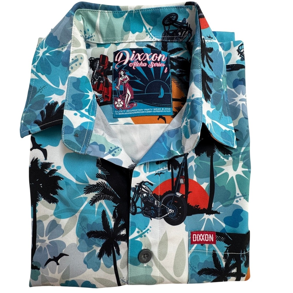 Dixxon Aloha Series Motorcycle Tropical Blue Button Down Large Mens Shirt